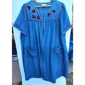Go Softly Patio House Dress Mumu XL Plus Jean Denim Floral Embroidered Comfy